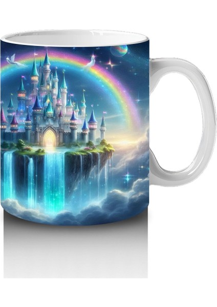 Çocuklara Sütü Sevdiren Gökkuşağı ve Büyülü Şato Desenli Kupa Bardak modelleri
