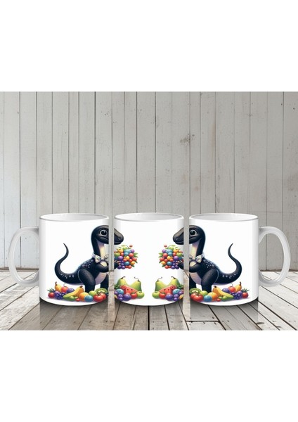 Çocuklara Sütü Sevdiren Meyve Buketi Tutan Dinozor Desenli Kupa Bardak indirimleri