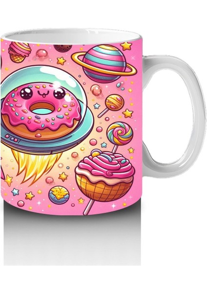 Çocuklara Sütü Sevdiren Uzay Donutları ve Tatlı Gezegenler Desenli Kupa Bardak modelleri