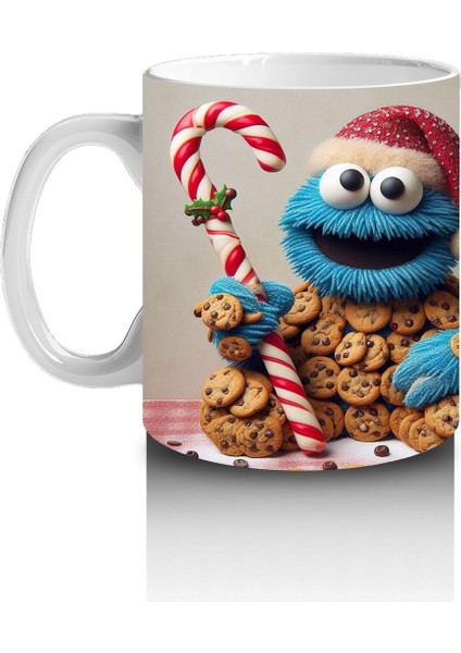 Çocuklara Sütü Sevdiren Kurabiye Canavarı ve Baston Şeker Desenli Kupa Bardak