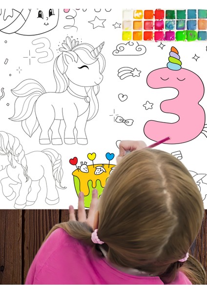 3 Yaş Kız Unicorn Temalı Doğum Günü Partisi 2.5 M Dev Boyama Kağıdı | Kırtasiye Doğal Oyun Hediye