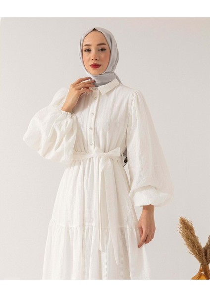 25Y6452 Elbise Beli Lastikli Yarım Düğme Kapama - Meri - 25Y6452 - Beyaz - 36