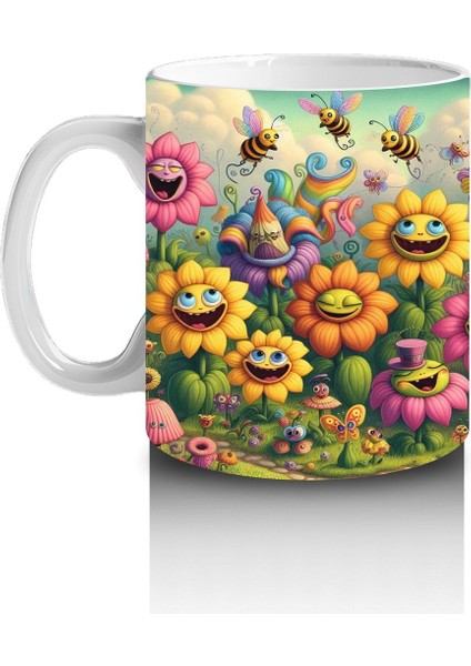 Çocuklara Sütü Sevdiren Gülümseyen Çiçekler ve Uçuşan Arılar Desenli Kupa Bardak