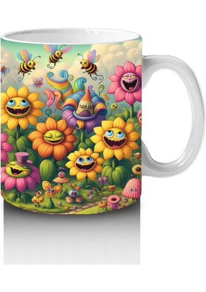 Çocuklara Sütü Sevdiren Gülümseyen Çiçekler ve Uçuşan Arılar Desenli Kupa Bardak modelleri