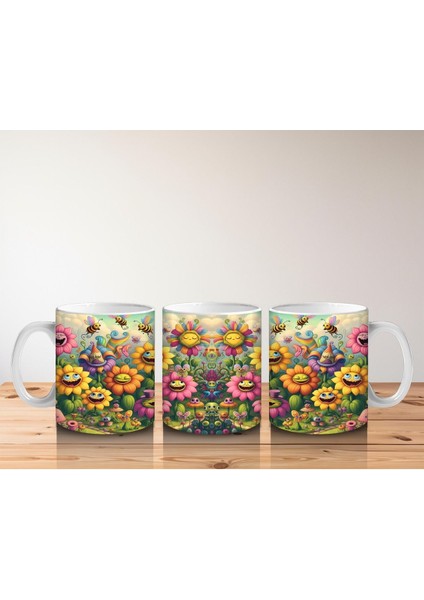 Çocuklara Sütü Sevdiren Gülümseyen Çiçekler ve Uçuşan Arılar Desenli Kupa Bardak fırsatları