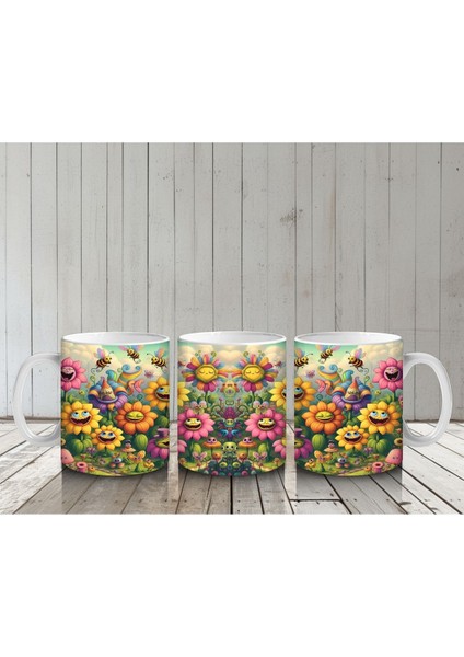 Çocuklara Sütü Sevdiren Gülümseyen Çiçekler ve Uçuşan Arılar Desenli Kupa Bardak indirimleri