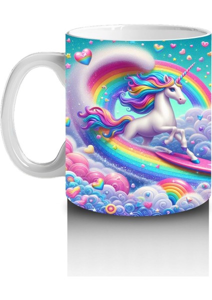Çocuklara Sütü Sevdiren Kalplerle Dans Eden Gökkuşağı Unicorn Kupa Bardak