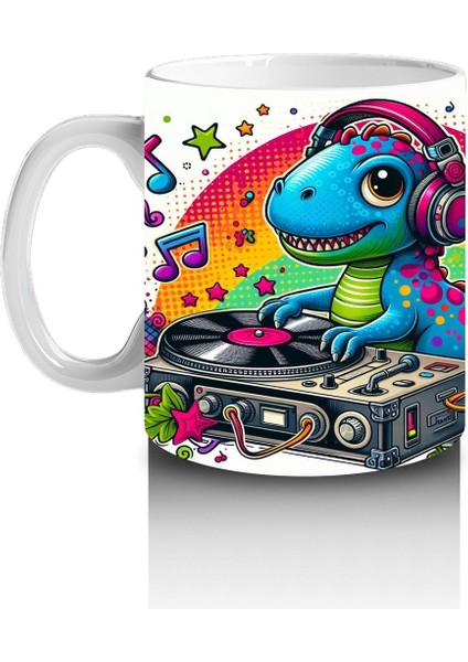 Çocuklara Sütü Sevdiren Renkli Dj Dinozor Desenli Kupa Bardak