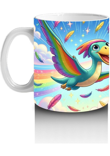 Çocuklara Sütü Sevdiren Gökkuşağı Kanatlı Dino Kuş Kupa Bardak