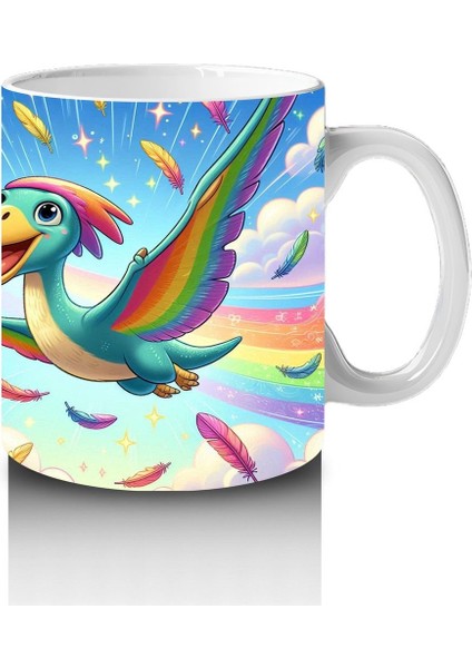 Çocuklara Sütü Sevdiren Gökkuşağı Kanatlı Dino Kuş Kupa Bardak modelleri