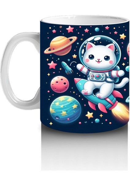Çocuklara Sütü Sevdiren Roketle Uçan Astronot Kedi Desenli Kupa Bardak