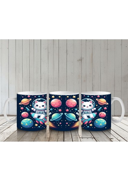 Çocuklara Sütü Sevdiren Roketle Uçan Astronot Kedi Desenli Kupa Bardak indirimleri