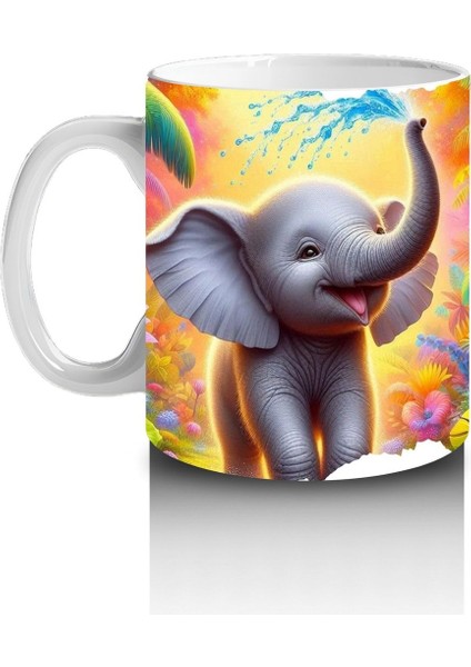 Çocuklara Sütü Sevdiren Rengârenk Arka Planlı Sevimli Fil Desenli Kupa Bardak