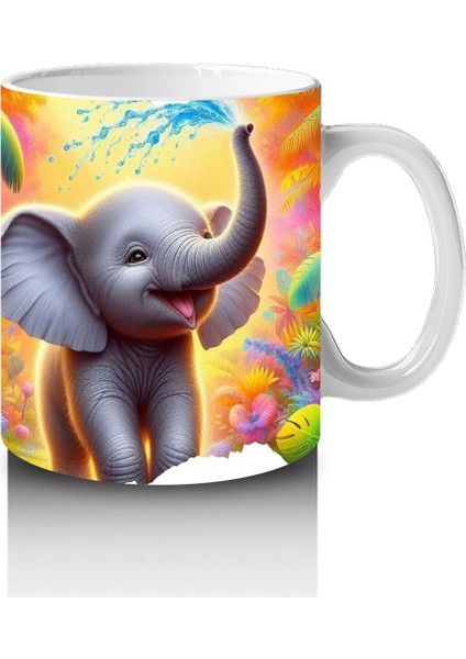 Çocuklara Sütü Sevdiren Rengârenk Arka Planlı Sevimli Fil Desenli Kupa Bardak modelleri