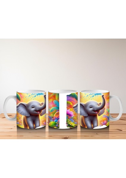 Çocuklara Sütü Sevdiren Rengârenk Arka Planlı Sevimli Fil Desenli Kupa Bardak fırsatları