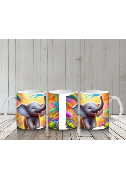 Çocuklara Sütü Sevdiren Rengârenk Arka Planlı Sevimli Fil Desenli Kupa Bardak indirimleri