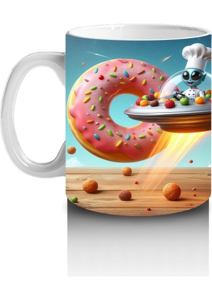 Çocuklara Sütü Sevdiren Uçan Donut ve Şef Fareli Uzay Gemisi Desenli Kupa Bardak