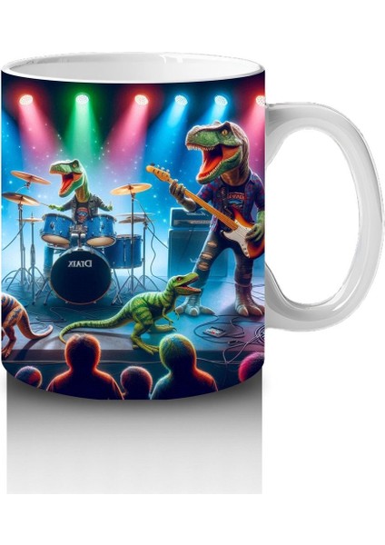 Çocuklara Sütü Sevdiren Sahnede Konser Veren Dinozor Rock Grubu Desenli Kupa Bardak modelleri