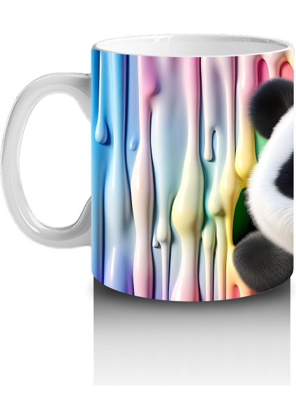 Çocuklara Sütü Sevdiren Renkli Boya Dalgaları Arasında Meraklı Panda Kupa Bardak