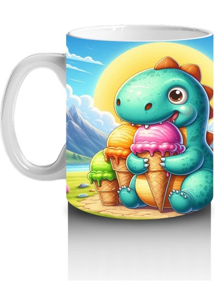 Çocuklara Sütü Sevdiren Dondurma Yiyen Tatlı Dinozor Desenli Kupa Bardak