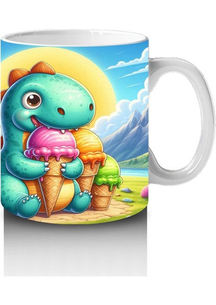 Çocuklara Sütü Sevdiren Dondurma Yiyen Tatlı Dinozor Desenli Kupa Bardak modelleri