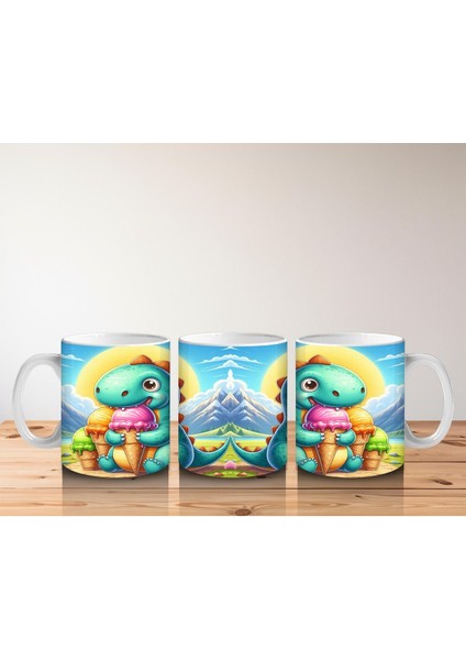 Çocuklara Sütü Sevdiren Dondurma Yiyen Tatlı Dinozor Desenli Kupa Bardak fırsatları