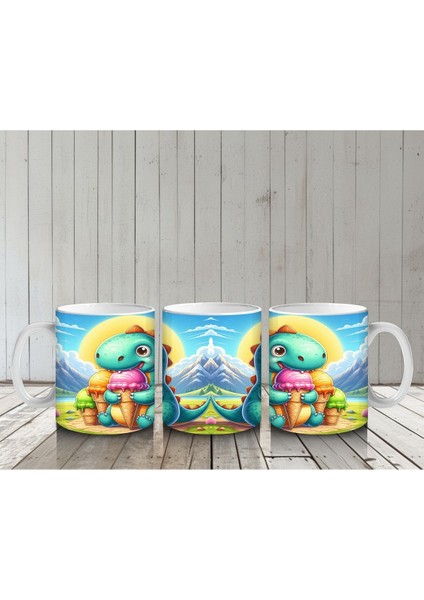 Çocuklara Sütü Sevdiren Dondurma Yiyen Tatlı Dinozor Desenli Kupa Bardak indirimleri