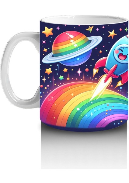 Çocuklara Sütü Sevdiren Gökkuşağından Fırlayan Neşeli Roketler Desenli Kupa Bardak