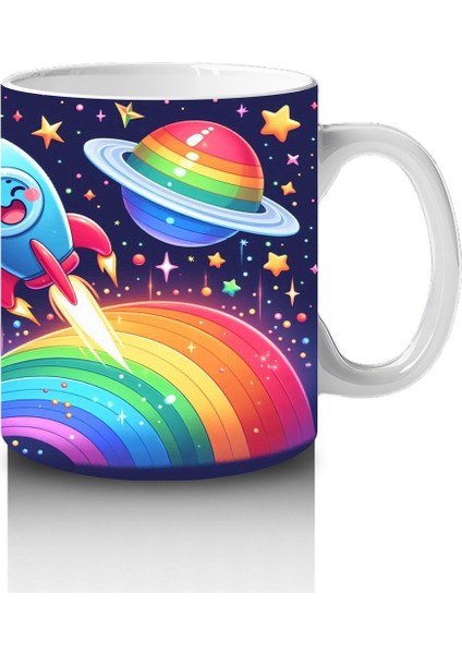 Çocuklara Sütü Sevdiren Gökkuşağından Fırlayan Neşeli Roketler Desenli Kupa Bardak modelleri