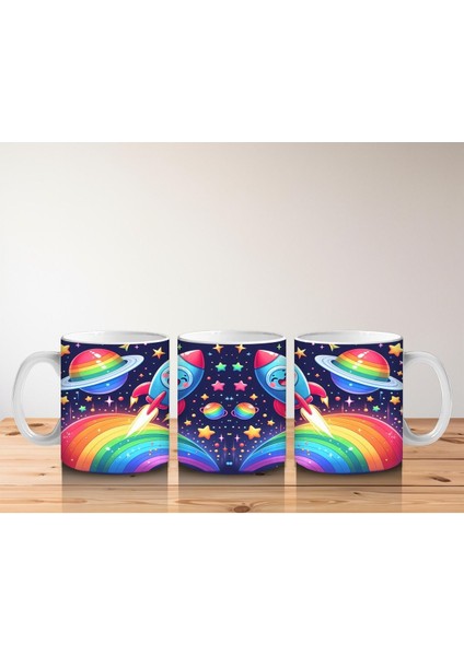 Çocuklara Sütü Sevdiren Gökkuşağından Fırlayan Neşeli Roketler Desenli Kupa Bardak fırsatları