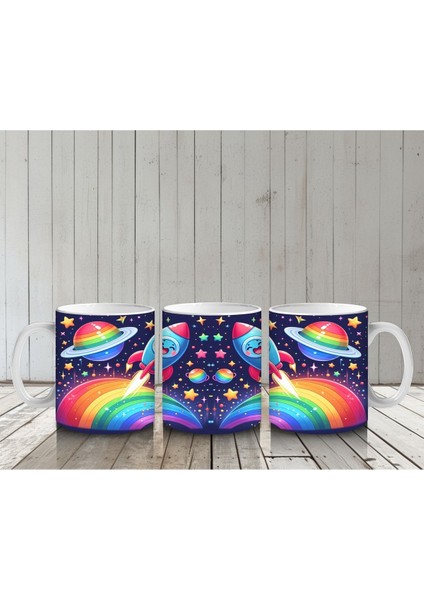 Çocuklara Sütü Sevdiren Gökkuşağından Fırlayan Neşeli Roketler Desenli Kupa Bardak indirimleri