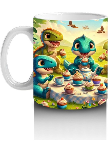 Çocuklara Sütü Sevdiren Cupcake Partisi Yapan Sevimli Dinozorlar Desenli Kupa Bardak