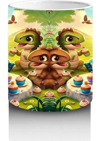 Çocuklara Sütü Sevdiren Cupcake Partisi Yapan Sevimli Dinozorlar Desenli Kupa Bardak fiyatları