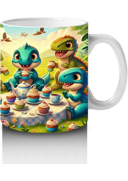 Çocuklara Sütü Sevdiren Cupcake Partisi Yapan Sevimli Dinozorlar Desenli Kupa Bardak modelleri