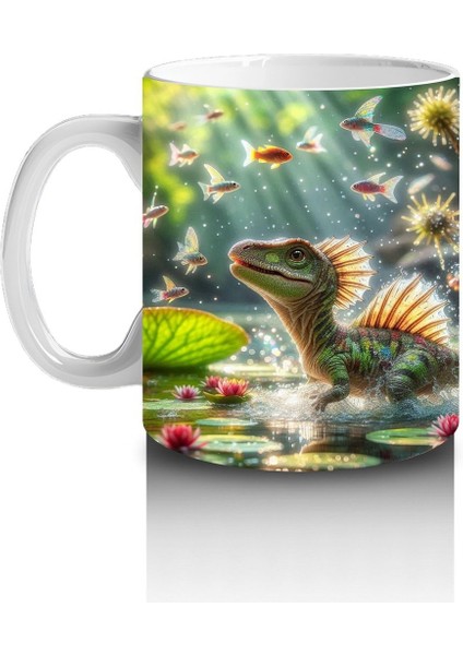 Çocuklara Sütü Sevdiren Nilüferler Arasında Yüzen Sevimli Dinozor Desenli Kupa Bardak