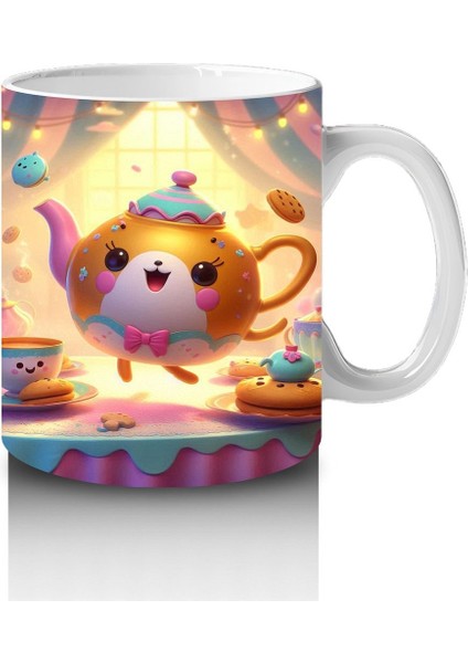 Çocuklara Sütü Sevdiren Neşeli Çay Takımı ve Kurabiyelerle Tatlı Sofra Desenli Kupa Bardak modelleri