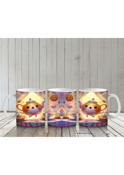 Çocuklara Sütü Sevdiren Neşeli Çay Takımı ve Kurabiyelerle Tatlı Sofra Desenli Kupa Bardak indirimleri