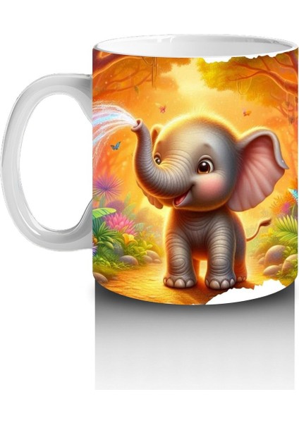 Çocuklara Sütü Sevdiren Orman Ortasında Su Fışkırtan Sevimli Fil Desenli Kupa Bardak