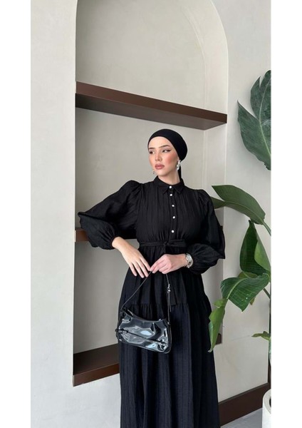 25Y6452 Elbise Beli Lastikli Yarım Düğme Kapama - Meri - 25Y6452 - Siyah - 40