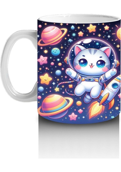 Çocuklara Sütü Sevdiren Astronot Kedi Kupa Bardak