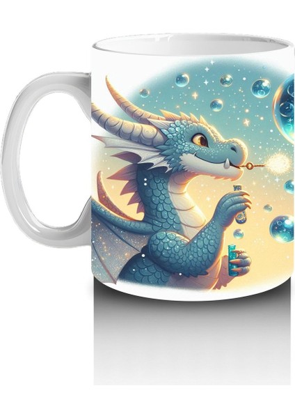 Çocuklara Sütü Sevdiren Baloncuk Üfleyen Sevimli Ejderha Desenli Kupa Bardak