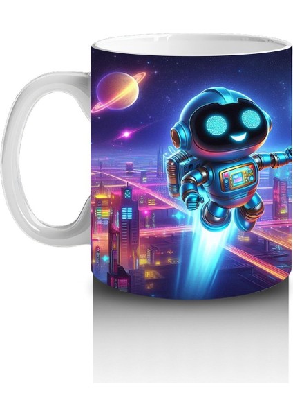 Çocuklara Sütü Sevdiren Gece Şehrinde Uçan Neşeli Robot Desenli Kupa Bardak