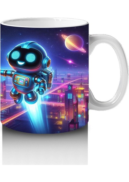 Çocuklara Sütü Sevdiren Gece Şehrinde Uçan Neşeli Robot Desenli Kupa Bardak modelleri