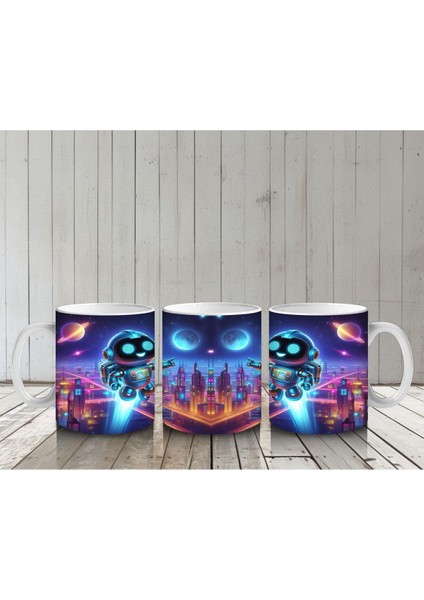 Çocuklara Sütü Sevdiren Gece Şehrinde Uçan Neşeli Robot Desenli Kupa Bardak indirimleri