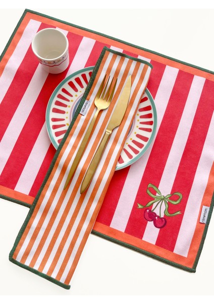 Kiraz Desenli, Dijital Baskılı, Renkli, Çizgili, Kenar Biyeli Amerikan Servis 35X45 cm (1 Adet)