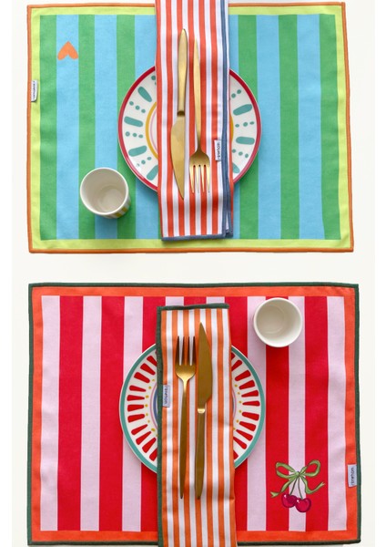 Kiraz Desenli, Dijital Baskılı, Renkli, Çizgili, Kenar Biyeli Amerikan Servis 35X45 cm (1 Adet)