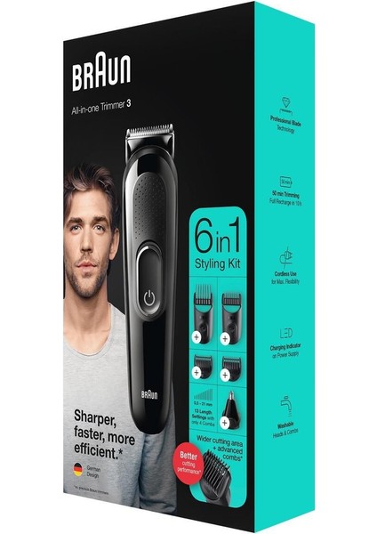 MGK3320 6’sı 1 Arada Sakal ve Saç Düzeltici – Ömür Boyu Keskin Bıçak, Kablosuz Kullanım, Siyah, Çoklu Başlık Seti