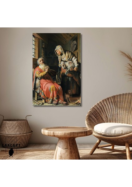 Tekli Dikey Kanvas Tablo Ünlü Eserler Rembrandt Van Rijn Tobit And Anna