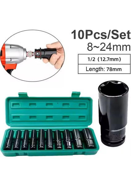 Freed Yeıt 10 Parça 1/2 Mat 6 Köşe Derin Havalı Darbelı Profosyonel Lokma Seti 10-22 Mm Yeşil modelleri