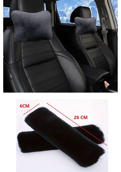 Siyah Peluş Oto Boyun Yastığı + Emniyet Kemeri Pedi – 4’lü Set – Lüks & Konforlu Araç Içi Takım